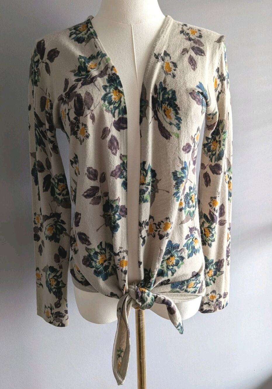 Garnet Hill Merino Wool Floral Tie Front Open Cardigan Sweater Small Tan Beige